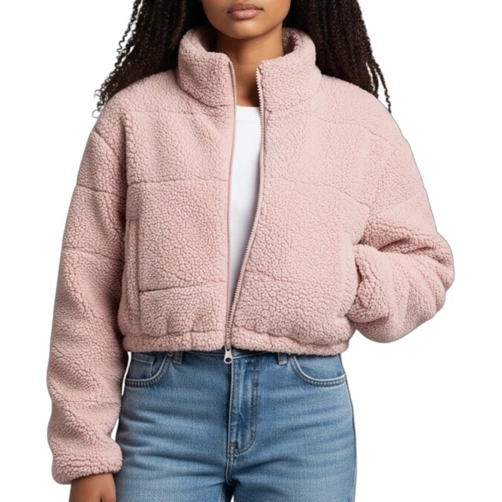 Streetwear Society Sherpa Teddy Pink Crop Jacket Size L, Oversized Kawaii Fluffy